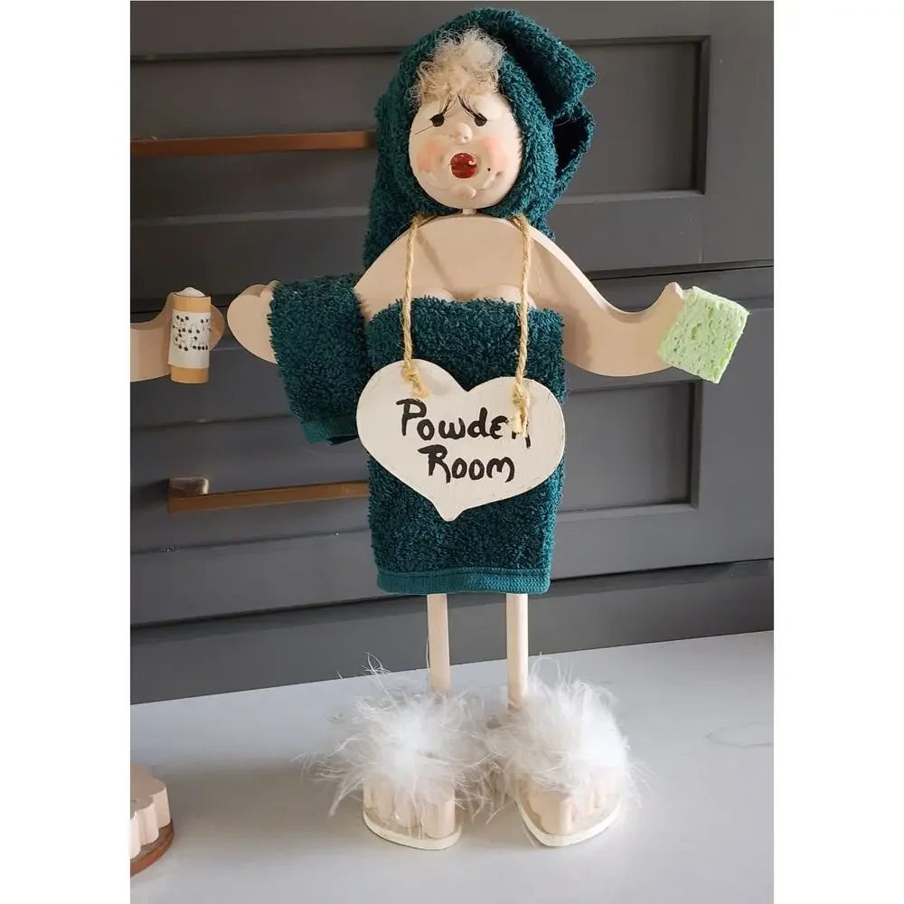 RARE Vintage His & Hers Bathroom Buddy Dolls Whimsical Wooden Folk Art Decor - Picture 4 of 13